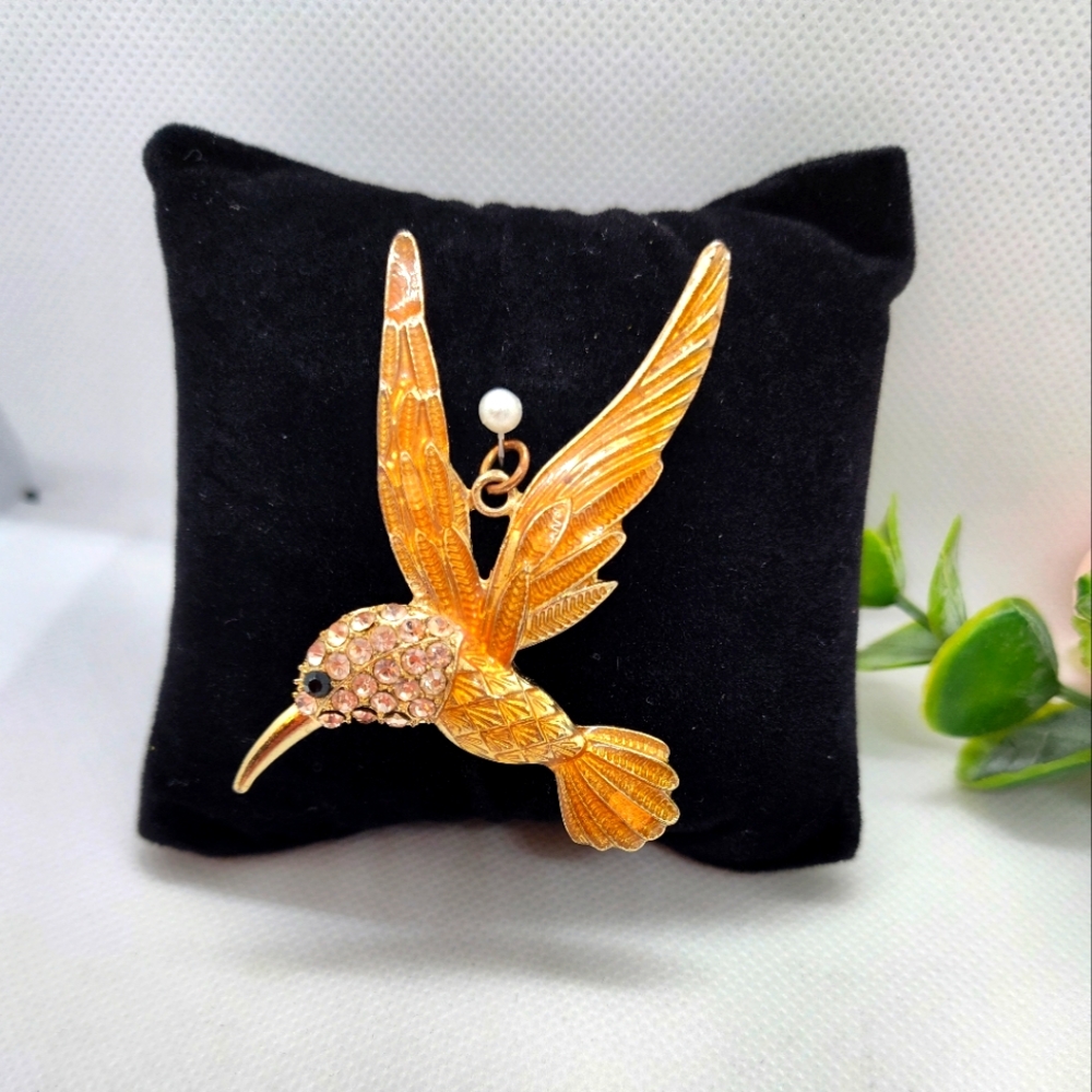 Vintage Hummingbird Gold Tone With Rhinestones Pendant